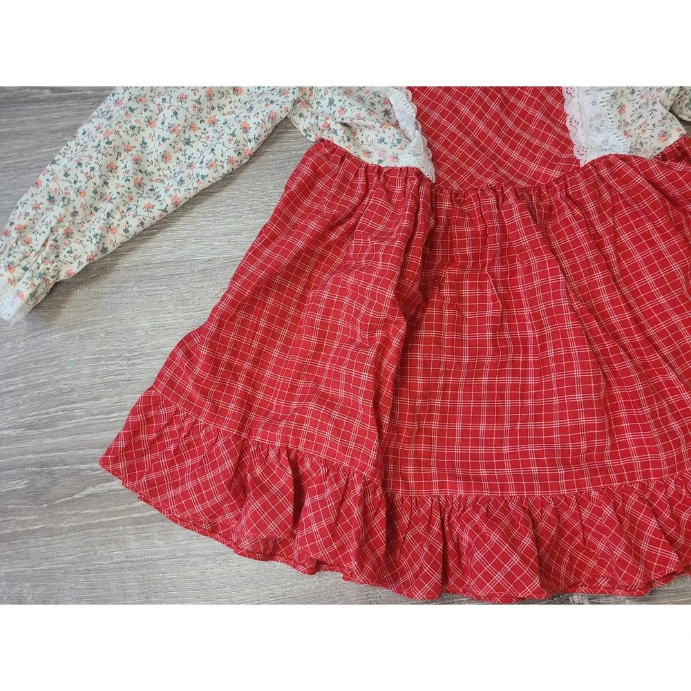 VTG 70s Solos Girl's 5 Prairie Pinafore Dress Lacy Retro Cowgirl Cottagecore - Picture 4 of 6